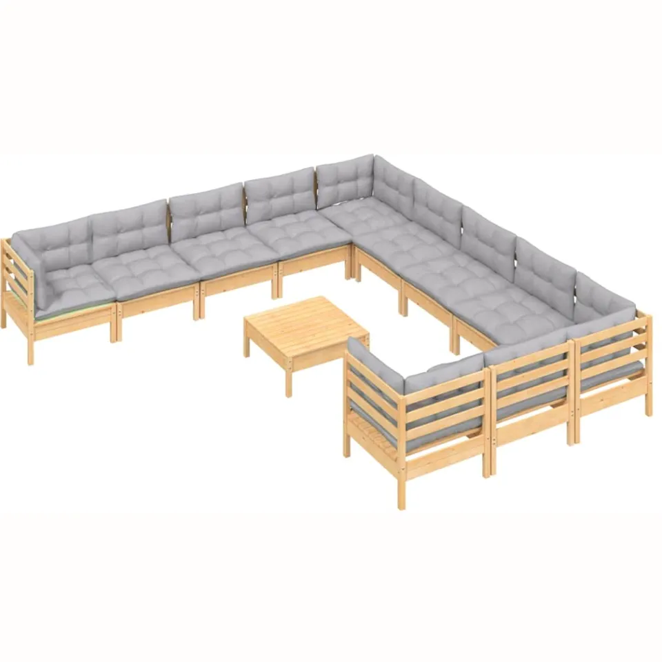 vidaXL 12-delige Loungeset met grijze kussens massief grenenhout grijs, foto 2