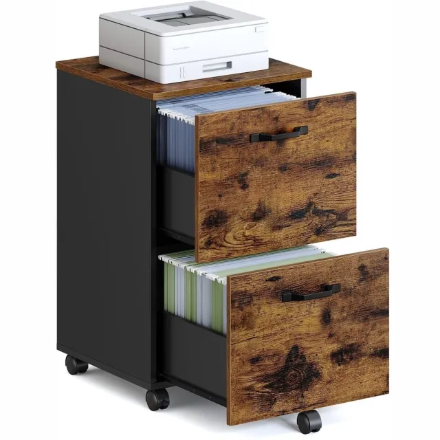 Klarven Archiefkast Bruin-Zwart - Archiefkast met Lades - Archiefkast op Wielen - Archiefkasten - Filing Cabinet - Rollcontainer met 2 Lades en Wielen - 42x40x70 cm