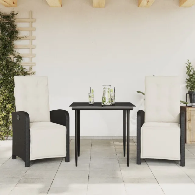vidaXL 3-delige Bistroset met kussens poly rattan zwart, foto 2