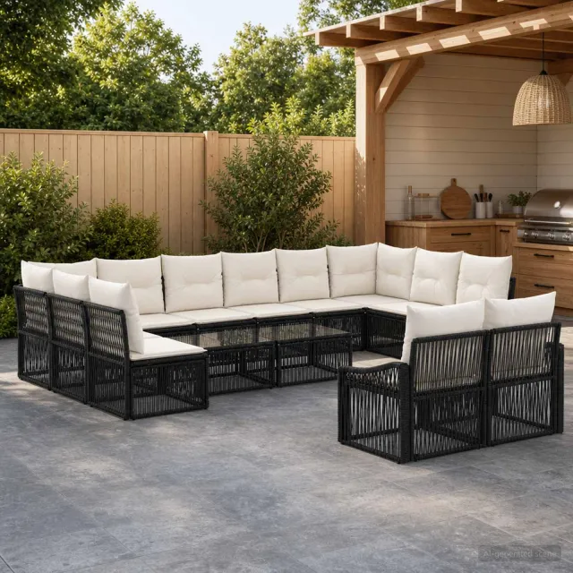 vidaXL Tuinbankenset 12 st 12-zits Zwart poly rattan, foto 2