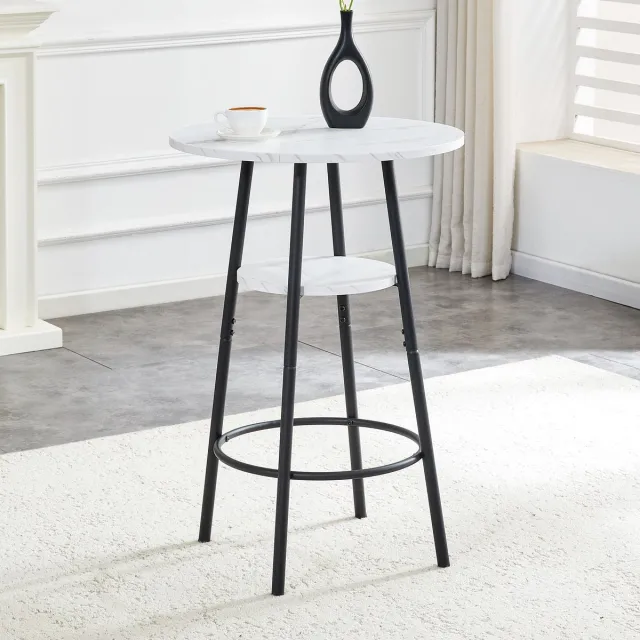DESMIU Bartafel - Rond Ontwerp Met Opbergruimte - Witte Marmerlook En Zwart Metalen Frame - Voor Keuken, Eetkamer En Cafe - 60 X 60 X 89 Cm White
