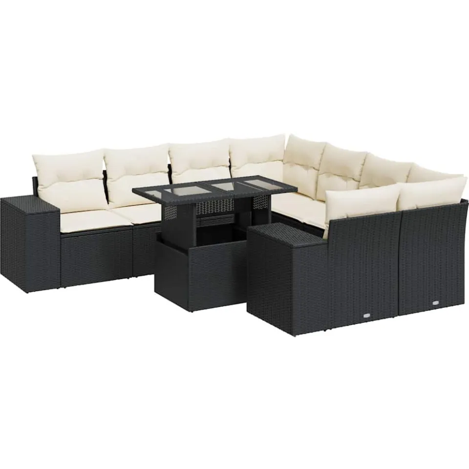 vidaXL 9-delige Loungeset met kussens poly rattan zwart, foto 3