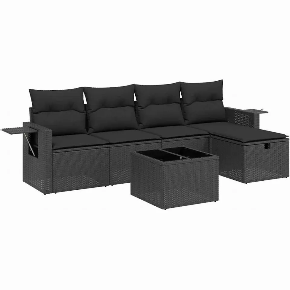 vidaXL 6-delige Loungeset met kussens poly rattan zwart