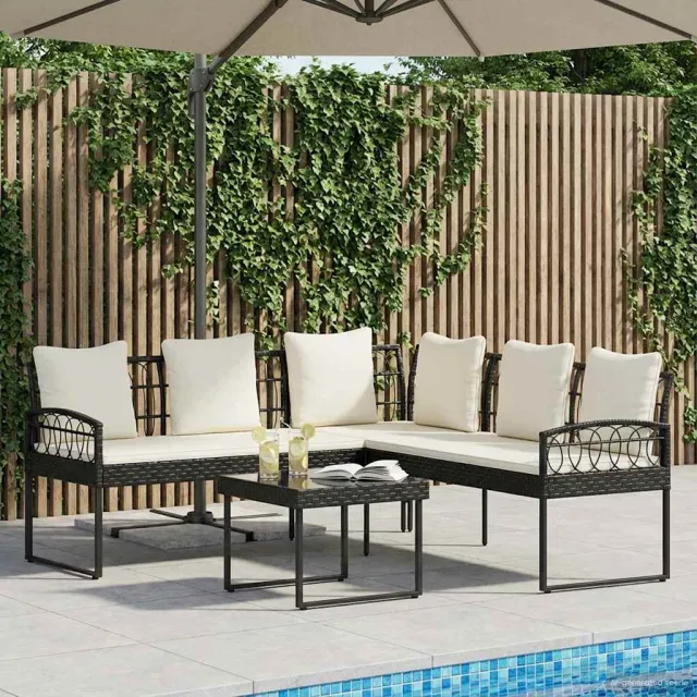 vidaXL Tuinbankenset 2 st Zwart en Crème Poly Rattan Staal, foto 2