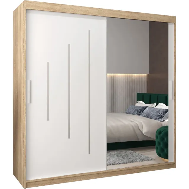 InspireME Kledingkast met 2 schuifdeuren, Modern-stijl, Een kledingkast met planken en een spiegel (BxHxD): 200x200x62 - MALTESE II 200 Sonoma Eik + Wit Mat met 4 lades