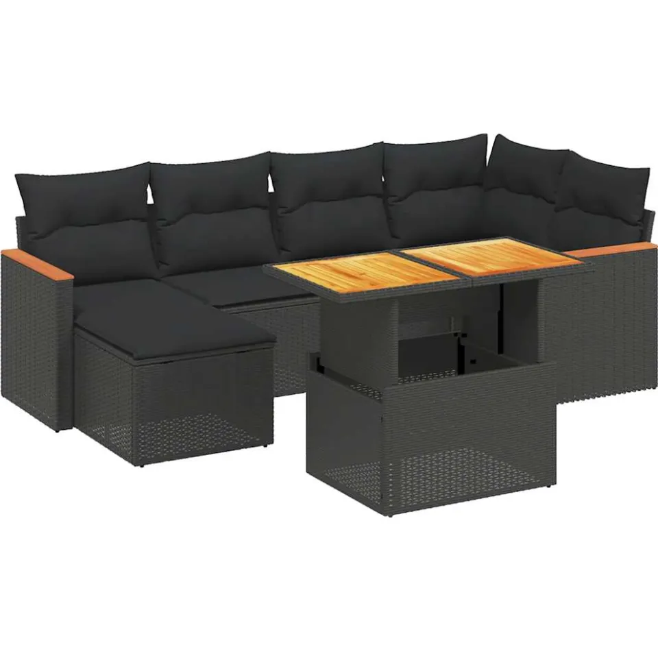 vidaXL 7-delige Loungeset met kussens poly rattan zwart