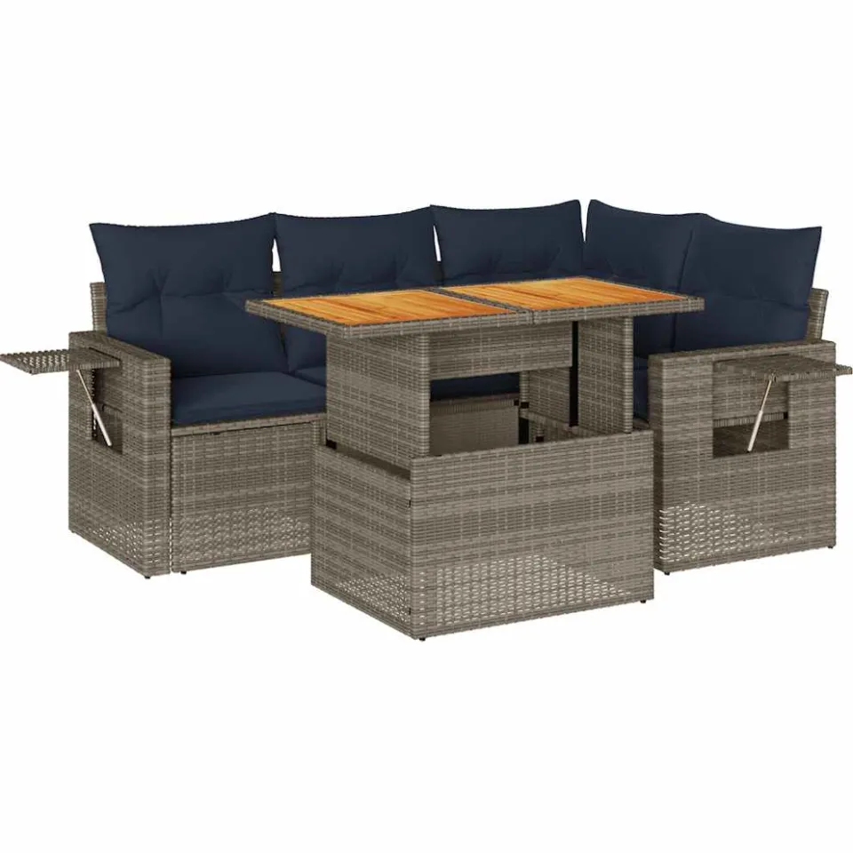 vidaXL 5-delige Loungeset met kussens poly rattan grijs, foto 3