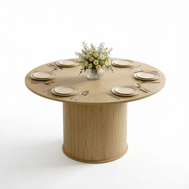 SONNENH Ronde eettafel met geribde zuilvoet - Ø120 x 75 cm - Naturel houtlook