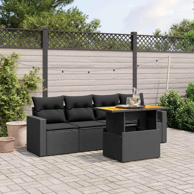 vidaXL 5-delige Loungeset met kussens poly rattan zwart, foto 2