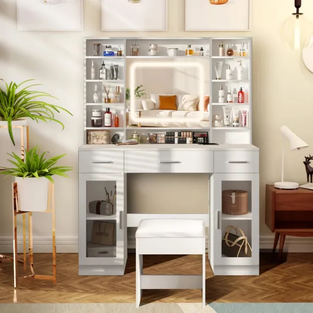 Gudalio Make Up Tafel - Kaptafel - Kast - LED spiegel - 3 Lichtkleuren - Inclusief Krukje - Opbergruimte - 110x40x140 cm - Wit