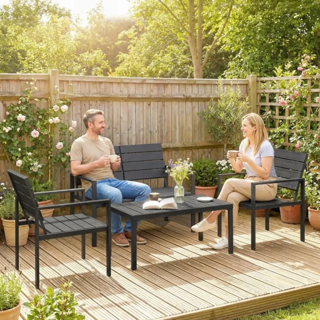 COVREO Loungeset zwart, metaal en HDPE met tafel voor 4 personen