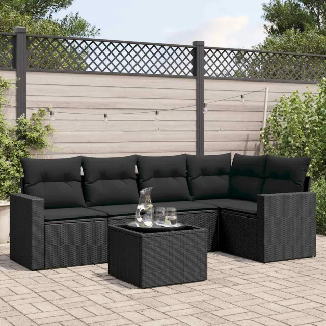 vidaXL 6-delige Loungeset met kussens poly rattan zwart, foto 2