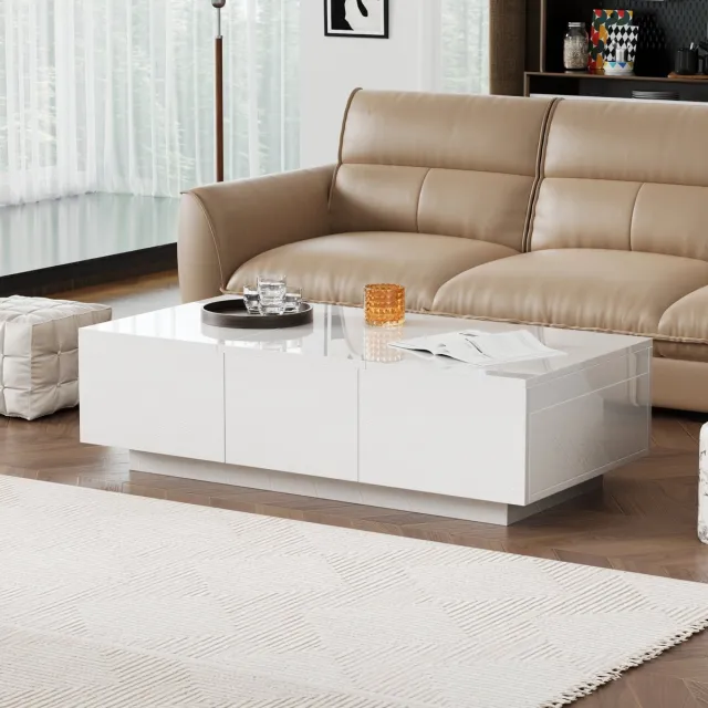 Sweiko Salontafel, Hoogglans Woonkamer tafel met schuifstructuur, Dubbelzijdige laden, Wit
