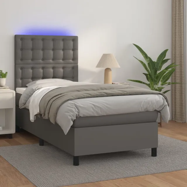 vidaXL Boxspring met matras en LED kunstleer grijs 90x190 cm