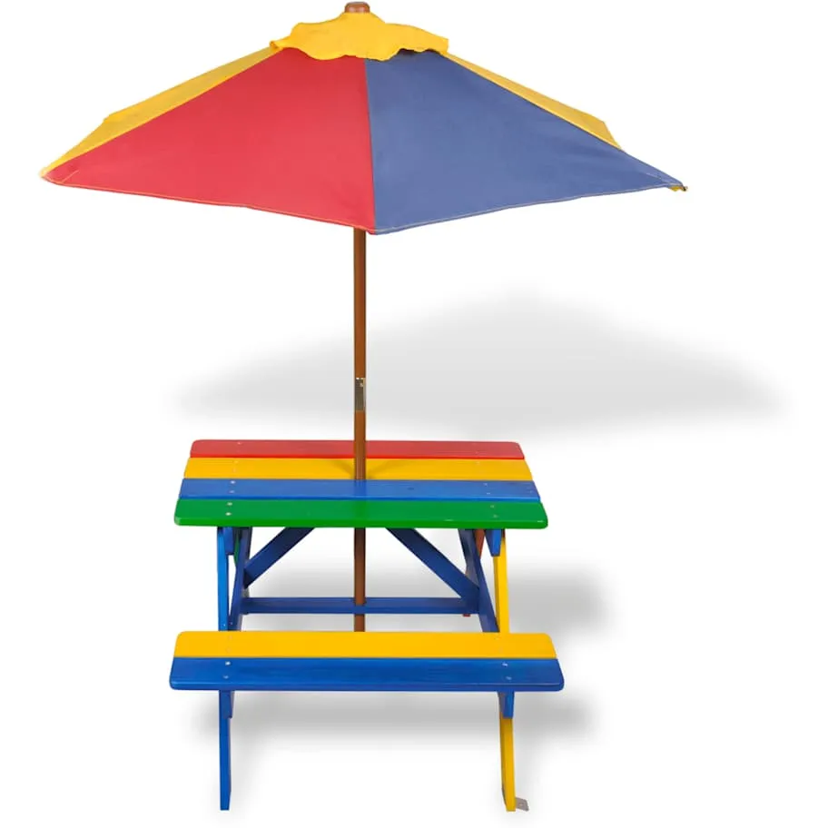 vidaXL Kinderpicknicktafel met banken en parasol hout meerkleurig, foto 2