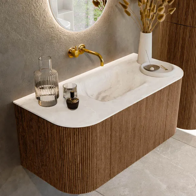Mondiaz KURVE-DLUX 100 cm Onderkast Greeploos 1 Lade Met Deuren Walnut, Wastafel Solid Surface MIdden Frappe 0 Kraangaten Zonder Spiegel (KRVGRU100L+R1L2D0KM-Wal/Fra)