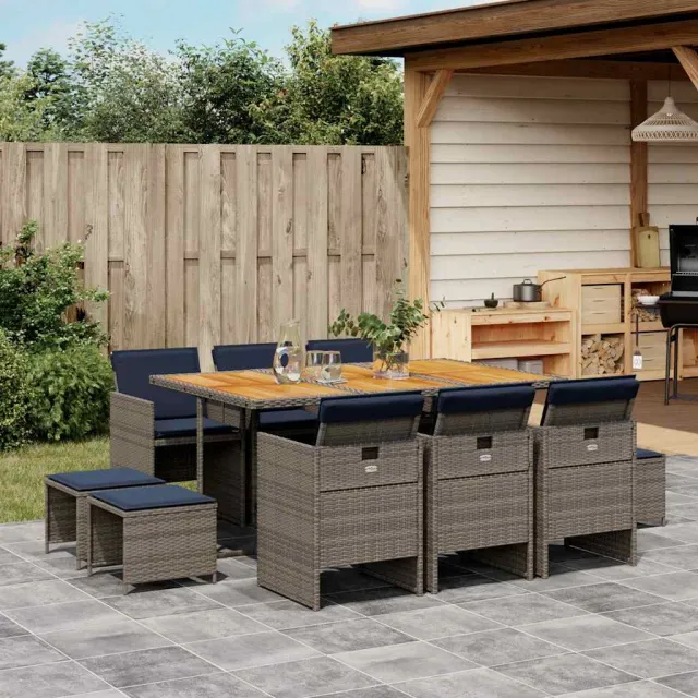 vidaXL 11-delige tuinset met kussens, grijs polyrotan