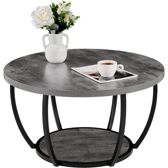 Vevor Salontafel/Bijzettafel, Ronde Bijzettafel Met Twee Niveaus, Stevig Metalen Frame, Open Opbergruimte en Een Draagvermogen Van 34,9 Kg, Minimalistische Salontafel voor De Woonkamer, Grijs Marmergrijs