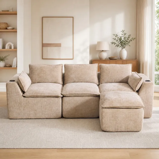 MODFU Hoekbank - 3-Zits - Chenille - Khaki - 256 X 161 X 75 Cm