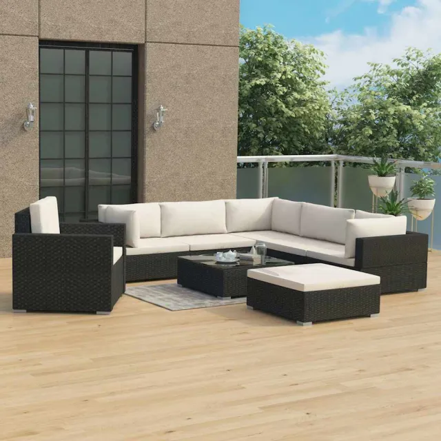 vidaXL 8-delige Loungeset met kussens poly rattan zwart