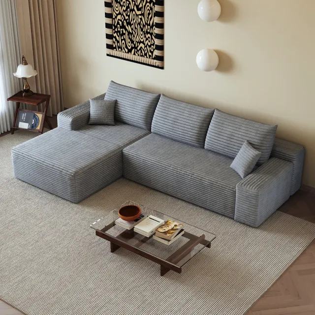 COVREO Hoekbank met chaise longue – 270x175x83 cm – Modulaire bank zonder montage – 3-zits sofa met diepe zitting – Grijs