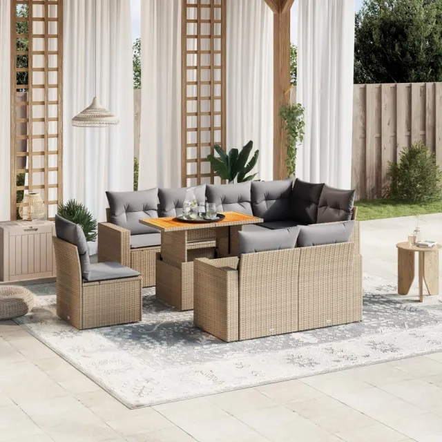 vidaXL 9-delige Loungeset met kussens poly rattan beige, foto 2