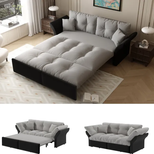 VVBV 3-in-1 Slaapbank 190 cm - Uittrekbare Tweezitsbank en Bed - Fluweel met 2 Kussens - Lichtgrijs
