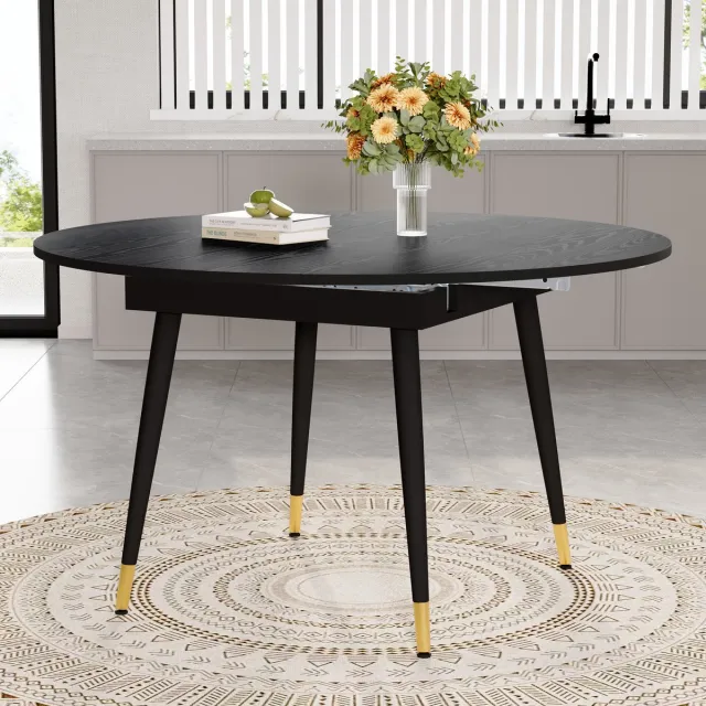 HAUSS SPOLE Eettafel - Uitschuifbaar Van Rond Naar Ovaal - Ruimtebesparend Voor Keuken En Eetkamer - MDF - Zwart