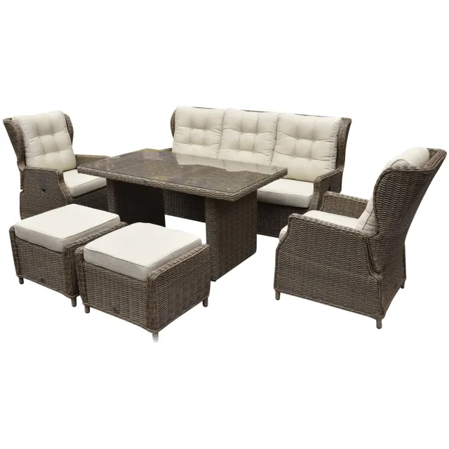 AVH-Collectie Ibiza stoel bank dining verstelbare loungeset 6 delig bruin wicker | naturel mixed weave kussen Bruin / Terre