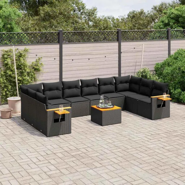 vidaXL 11-delige Loungeset met kussens poly rattan zwart, foto 2