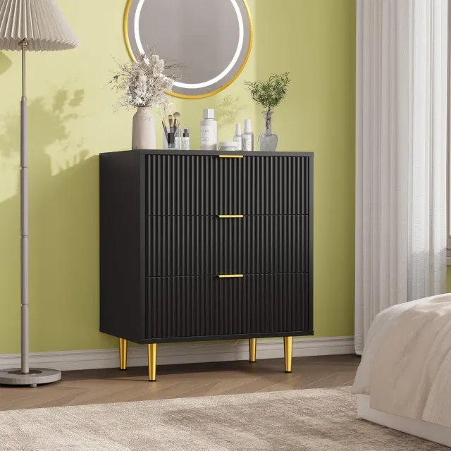 HOERFURIY Ladekast met 3 Lades - Moderne Commode met Geribbelde Voorkant - Gouden Handgrepen & Metalen Poten - Voor Slaapkamer, Woonkamer en Hal - Zwart