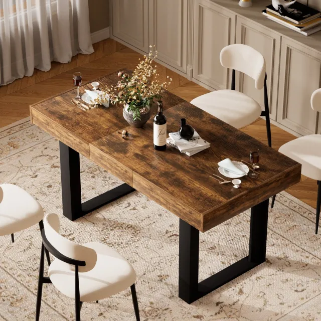 Wishdor Uitschuifbare eettafel - Van 120 tot 160 cm verstelbaar - Plaats voor 8 personen - Rechthoekig tafelblad - Retro industriële stijl - Eetkamer keuken woonkamer - Spaanplaatlook - Rustiek bruin en zwart - 160 x 75 x 75 cm