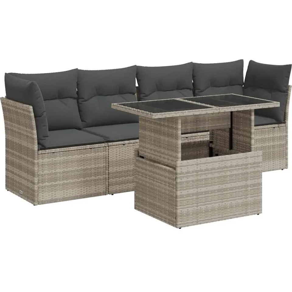 vidaXL 5-delige Loungeset met kussens poly rattan lichtgrijs grijs, foto 3