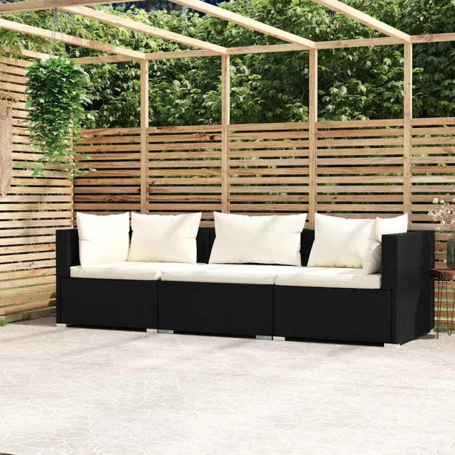 vidaXL Driezitsbank met kussens poly rattan zwart, foto 2