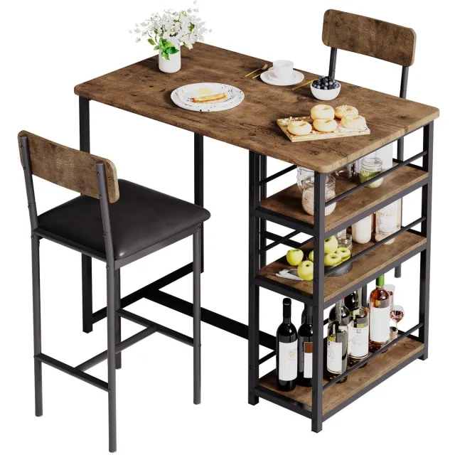 Corenia Eettafel – Keukentafel – Tafel – Eetkamertafel – Eethoek – Compact Rechthoekig MDF Tafelblad – Met 3 Opbergplanken en Gestoffeerde Barkrukken Hetzelfde als afbeelding