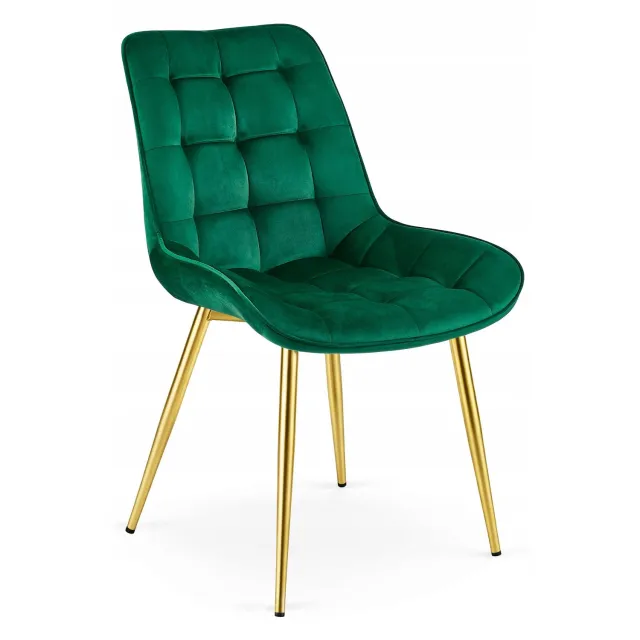 Oskar Set van 4 Eetkamerstoelen BERA – Donkergroen Velvet / Fluweel – Gestoffeerde Zitting – Goudkleurige Metalen Poten – Modern Scandinavisch Design – Voor Eetkamer, Keuken en Woonkamer