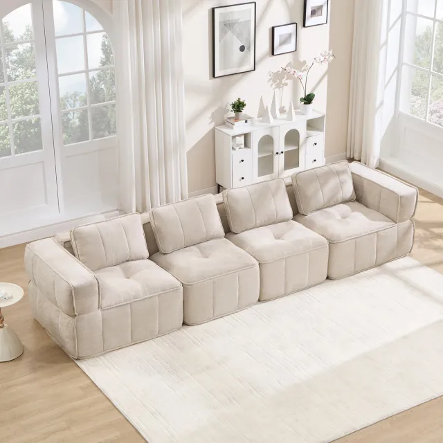 Zubaliya 4-Zits Bank, Extra Grote 4-Zits Cloud-Bank Zonder Frame, Modulair, 32D Schuim Met Hoge Dichtheid, Huidvriendelijke, Zachte Stof, Antislip, Voor De Woonkamer, Geen Montage Nodig-Beige