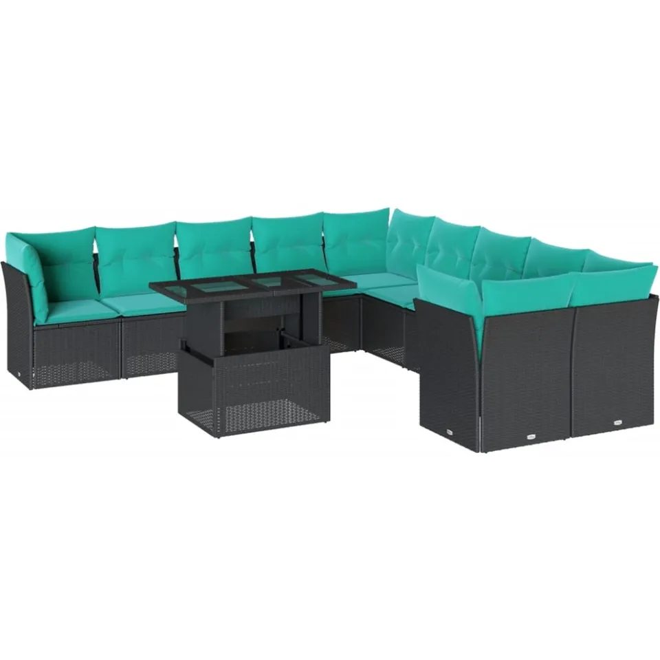 vidaXL 11-delige tuinbankset met kussens, zwart polyrotan