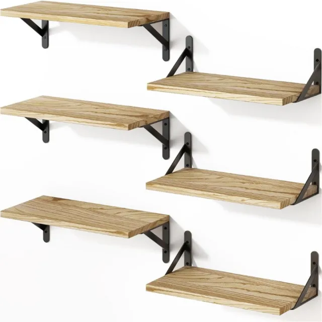 Kaëru Wandplankenset – 6-delig – Houten Planken – Draagkracht 10 kg per plank – 42x15.5cm – Voor Badkamer, Keuken of Woonkamer – Houtkleur