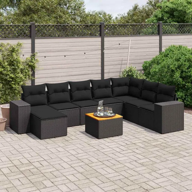 vidaXL 9-delige Loungeset met kussens poly rattan zwart, foto 2