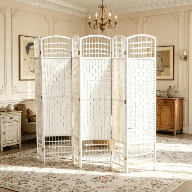 HAUSS SPOLE Kamerscherm Opvouwbaar – 6 Panelen – 242 x 170 cm – Hout en Papierkoord – Wit – Ruimteverdeler voor Slaapkamer en Kantoor – Zonder Montage