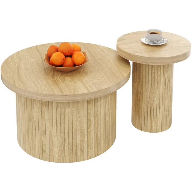 Welltin Salontafel Set van 2 - Bijzettafels / Nesttafels - Rond - 66x66x40 & 40x40x46 cm - Moderne Bijzettafels - Geschikt voor de woonkamer, slaapkamer - Natuurlijke houtkleur
