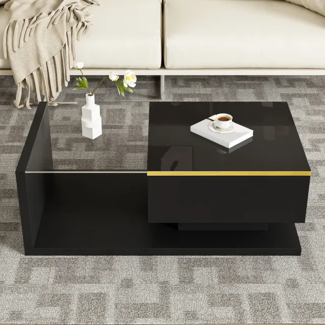 MODFU Salontafel - Met Opbergruimte En Ledverlichting - Modern - Woonkamer - Spaanplaat En Glas - Zwart - 90 x 50 x 32,5 cm