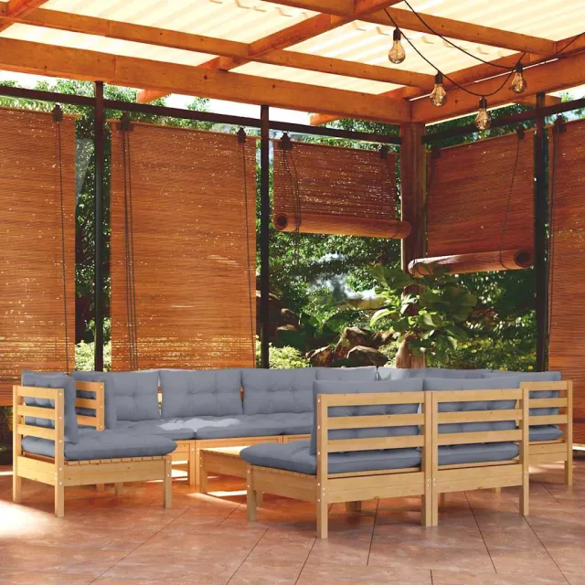 vidaXL 10-delige Loungeset met grijze kussens massief grenenhout grijs, foto 2