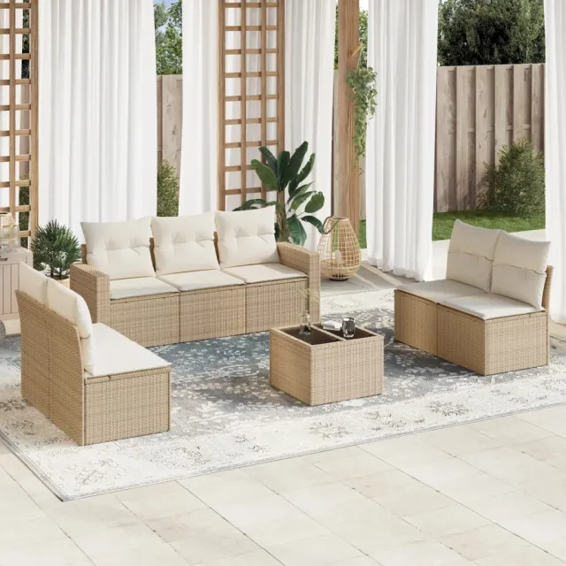 vidaXL 8-delige Loungeset met kussens poly rattan beige, foto 2