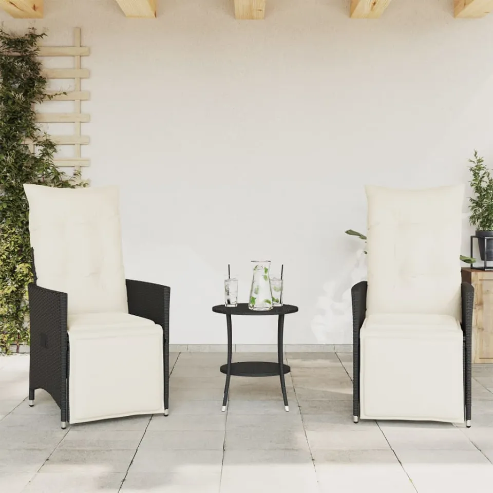 vidaXL 3-delige Bistroset met kussens poly rattan zwart, foto 2