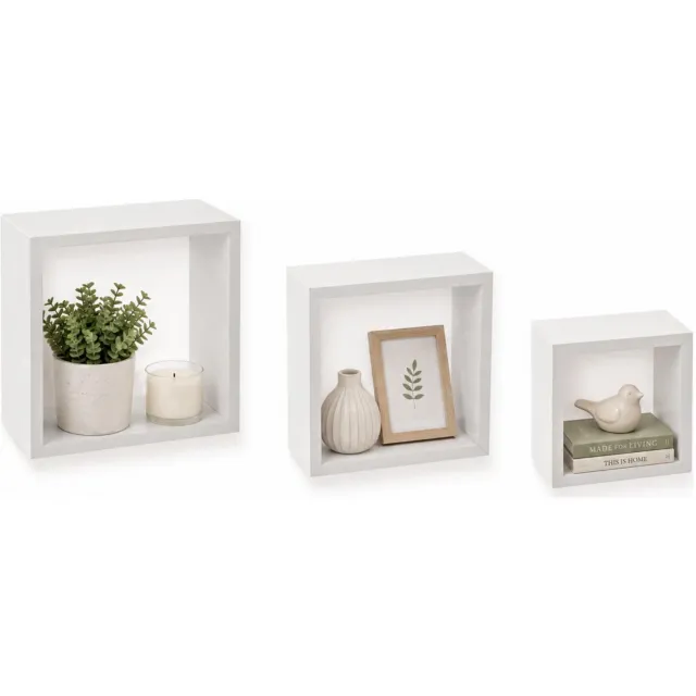 5Five® 5five Zwevende wandplanken Blocks - set in 3x maten lengtes 15/20/25 cm - wit - hout - boekenplanken - muurplanken - hangplanken - kubussen