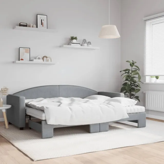 vidaXL Slaapbank onderschuifbed en matrassen 80x200 cm stof lichtgrijs grijs