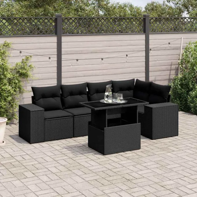 vidaXL 6-delige Loungeset met kussens poly rattan zwart, foto 2