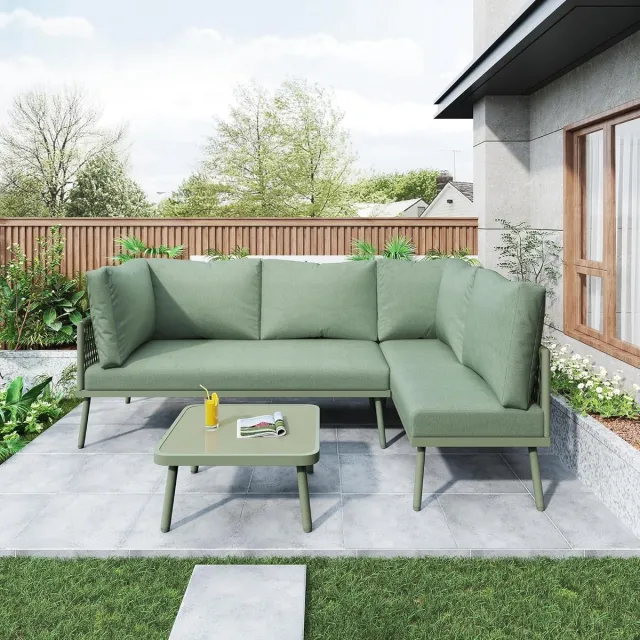 Laura Tuin Loungeset L-vorm 120x120x72 cm met Kussens, IJzeren Frame, Glazen Tafel en Verstelbare Poten – Groen – 2-Delige Hoekbank + Tafel – Laura